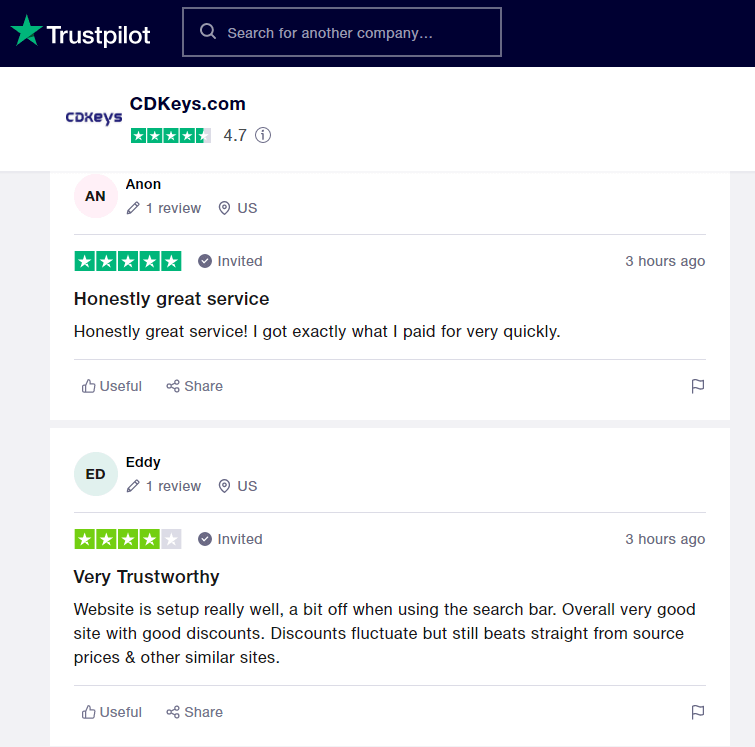 pozitivní recenze na Trustpilot for CDKeys