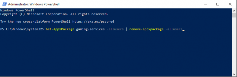   desinstalar Gaming Services executando a linha de comando no Windows PowerShell