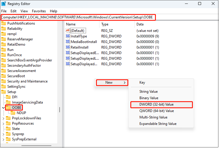   레지스트리 편집기에서 MSOOBE REG_DWORD를 생성하려면 OOBE 폴더를 찾으세요.