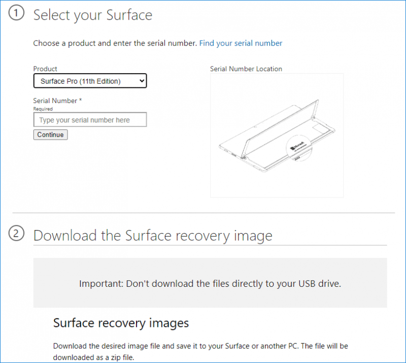   atsisiųskite „Surface Pro 11“ atkūrimo vaizdą