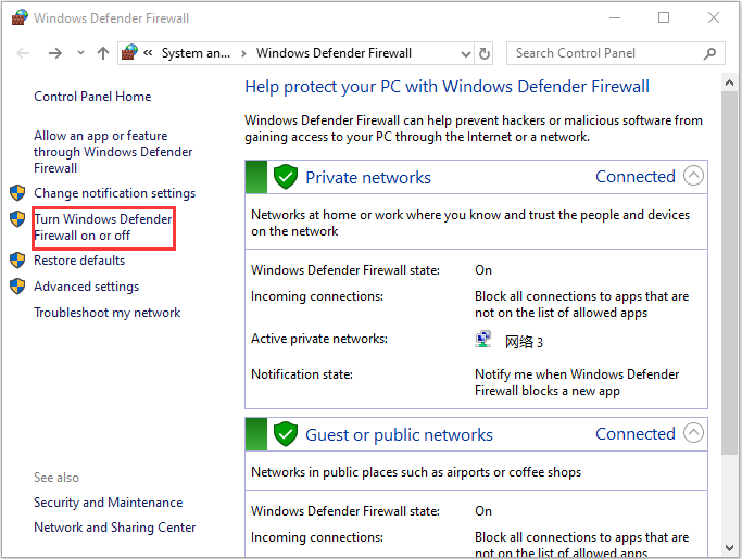 klikněte na Zapnout nebo vypnout bránu Windows Defender Firewall