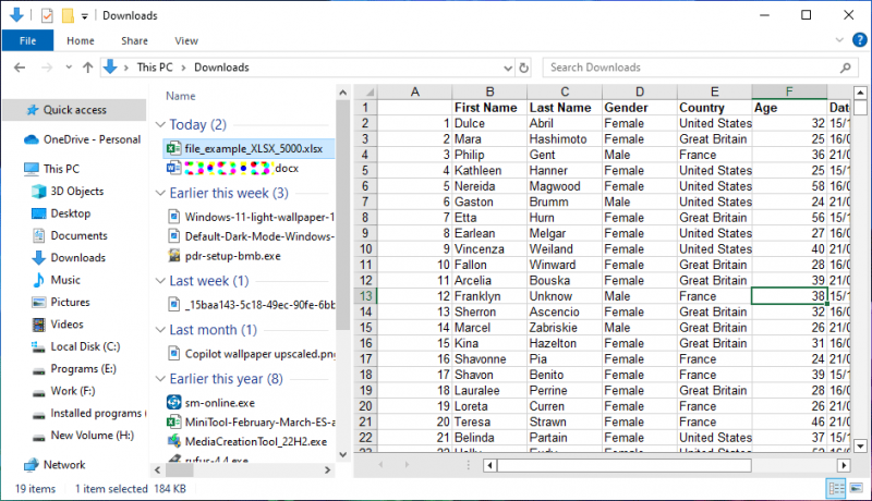   xem trước tệp Excel trong File Explorer