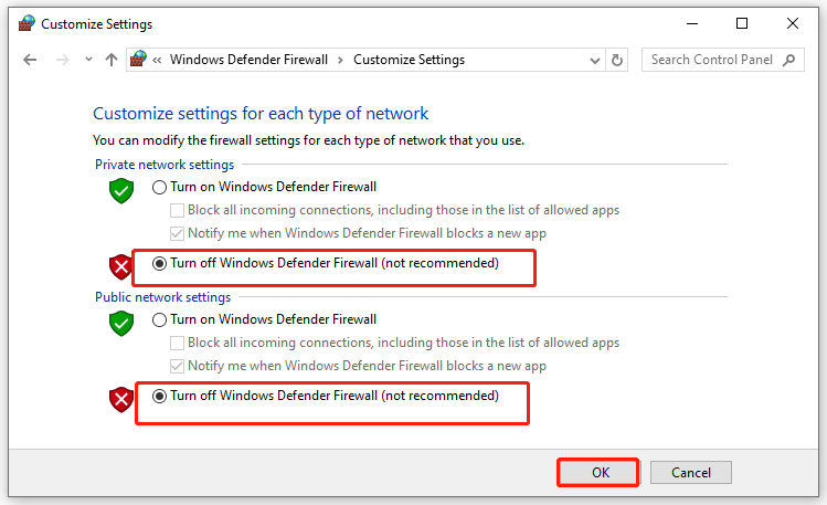   I-off ang Windows Defender Firewall (hindi inirerekomenda)