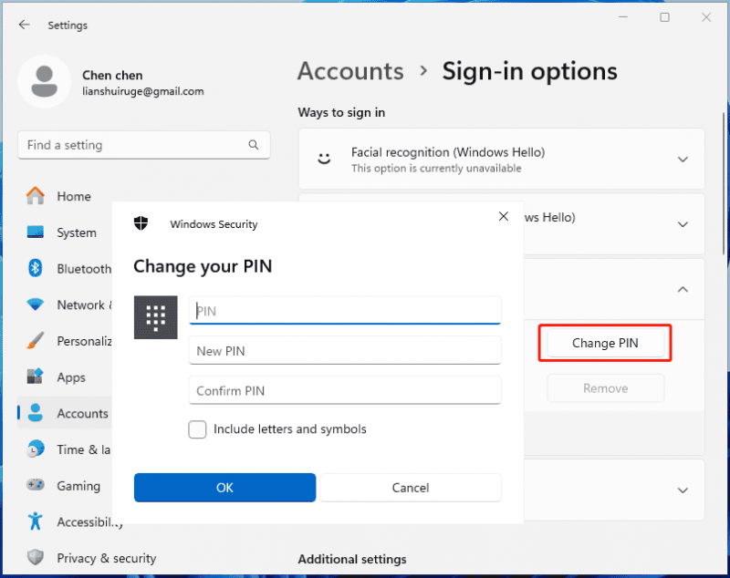   changer le code PIN Windows 11