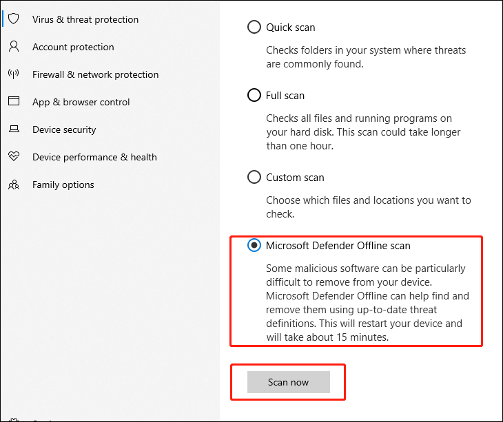   vælg Microsoft Defender Offline scanning, og klik på Scan nu