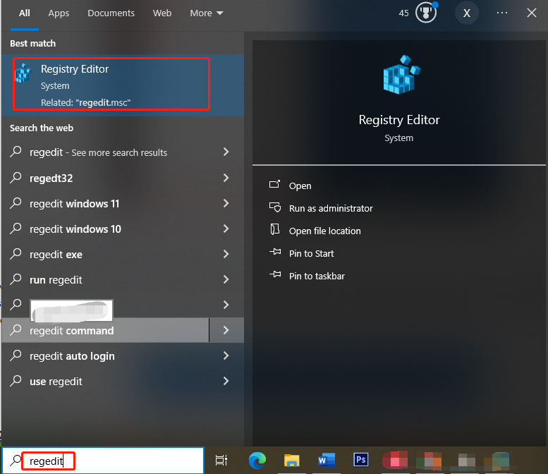   digite regedit na pesquisa do Windows