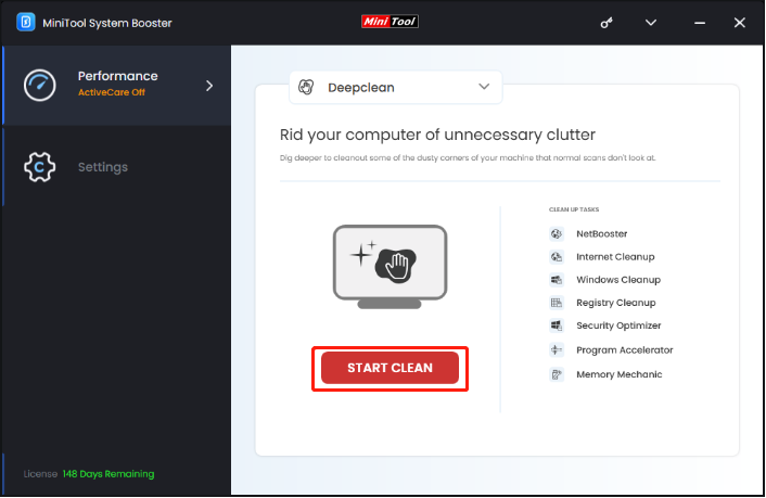   clique em INICIAR CALEAN para limpar o PC do usuário via MiniTool System Booster