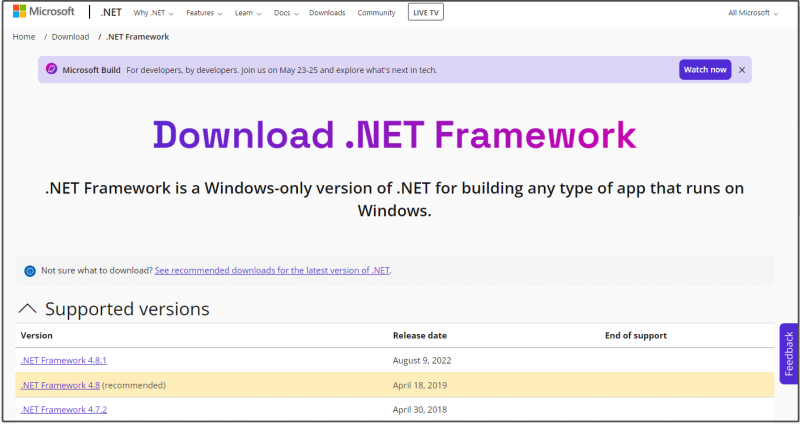   valige uusim .NET Frameworki versioon