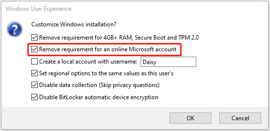   Çevrimiçi bir Microsoft hesabı için gereksinimleri kaldır seçeneğini işaretleyin