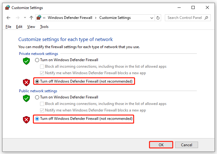   vypněte bránu Windows Defender Firewall