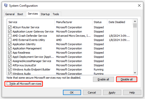   모든 Microsoft 서비스 숨기기를 선택하세요.