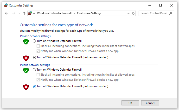   Désactivez le pare-feu Windows Defender (non recommandé)