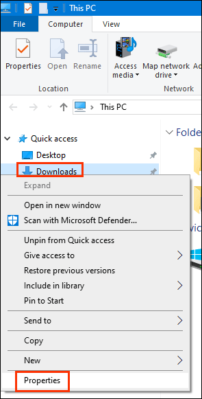   Wählen Sie Eigenschaften von Downloads