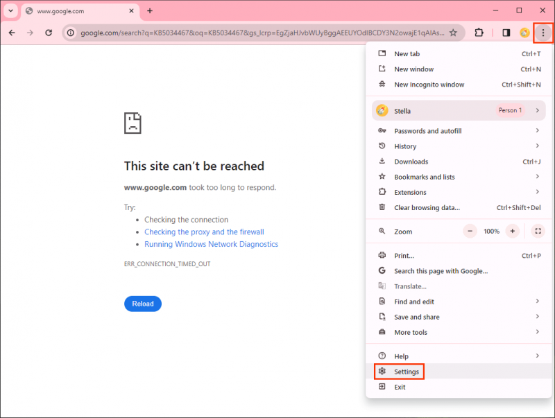   selecione Configurações no Chrome