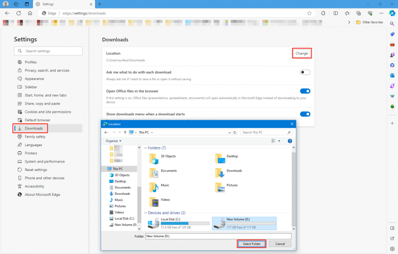   vælg mappen Downloads for at indstille den som mappen Downloads i Edge