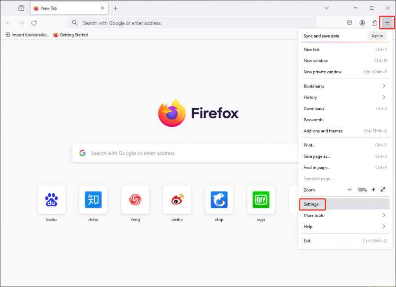   selecione Configurações no Firefox