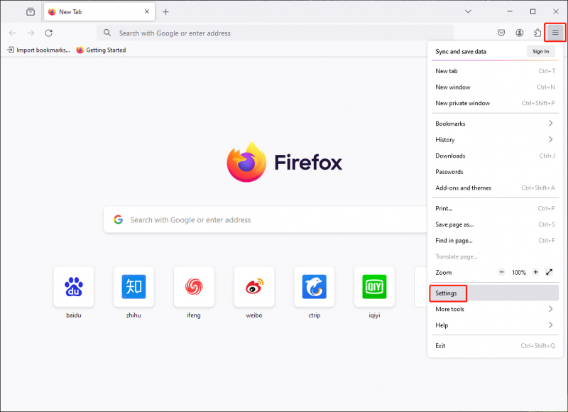   chọn Cài đặt trong Firefox