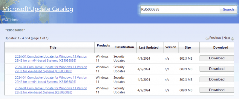   Microsoft Update Kataloğu'ndaki KB5036893