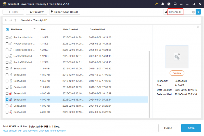   Pesquise o arquivo Sensapi.dll usando o Minitool Power Data Recovery