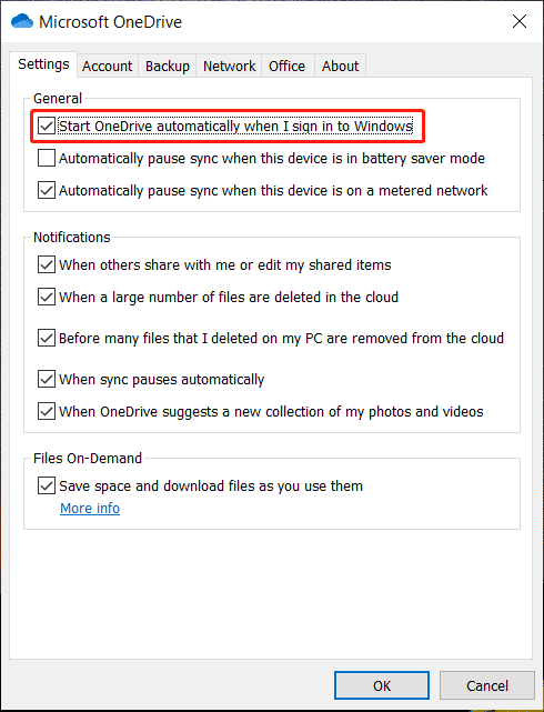   asegúrese de que Iniciar OneDrive automáticamente cuando inicie sesión en Windows esté seleccionado