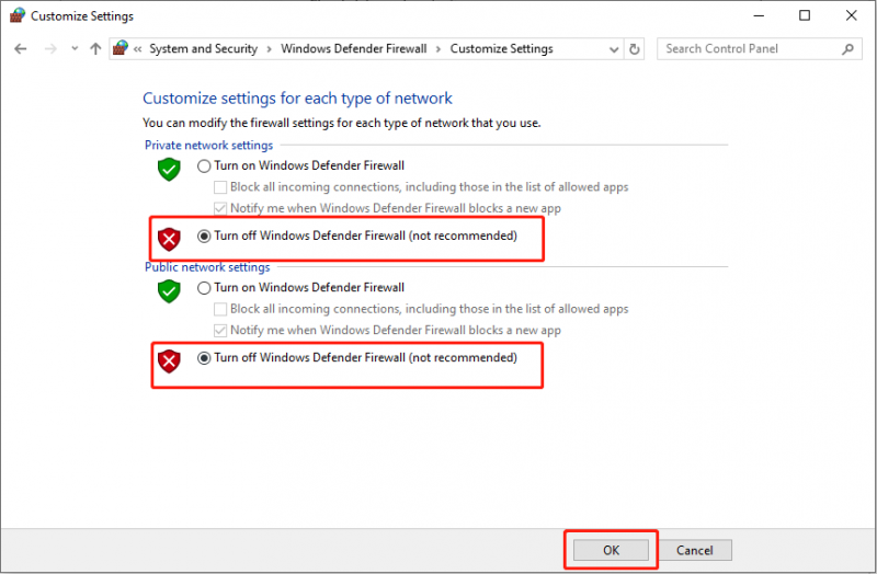   obkljukajte Izklopi požarni zid Windows Defender in kliknite V redu