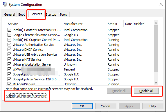   kiểm tra Ẩn tất cả các dịch vụ của Microsoft và nhấp vào Tắt tất cả trong phần Dịch vụ