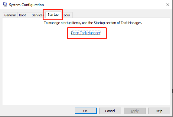   i-click ang Buksan ang Task Manager sa ilalim ng tab na Startup