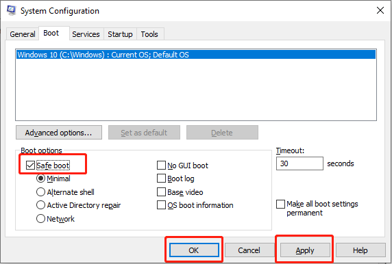   pažymėkite Safe boot, tada spustelėkite Apply ir OK