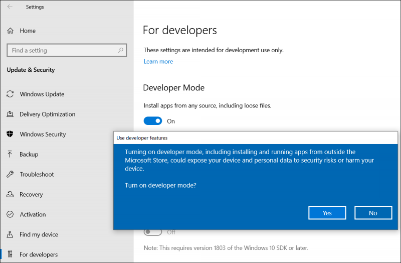   Napsauta Kyllä ottaaksesi kehittäjätilan käyttöön Windows 10:ssä
