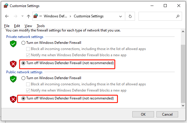   vypněte bránu Windows Defender Firewall