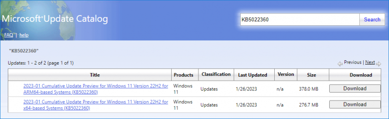   scaricare un programma di installazione offline per Windows 11 KB5022360 dal catalogo di Microsoft Update