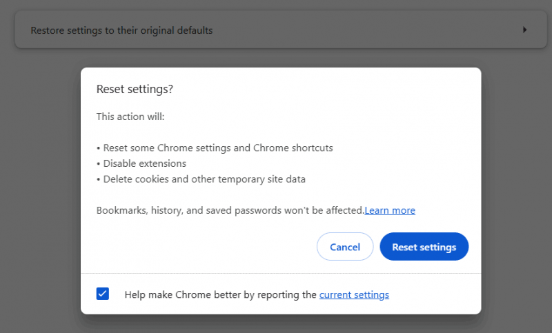   нулирайте настройките по подразбиране на Google Chrome