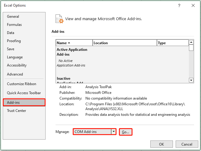   visualizar suplementos do Excel