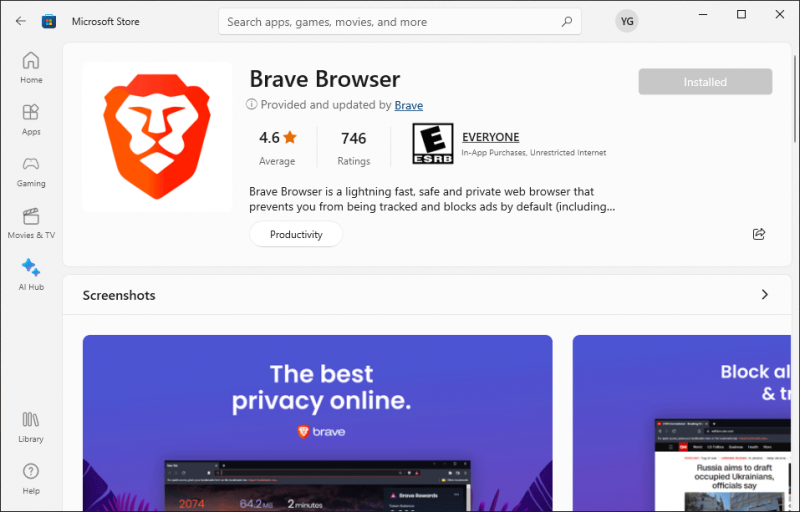   nainstalujte Brave z obchodu Microsoft Store