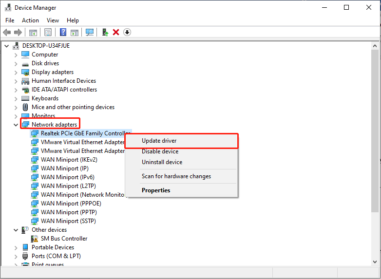   expanda a seção Adaptadores de rede e atualize o dispositivo Realtek Ethernet