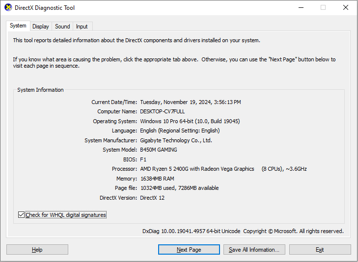   verifique la versión de DirectX en su computadora