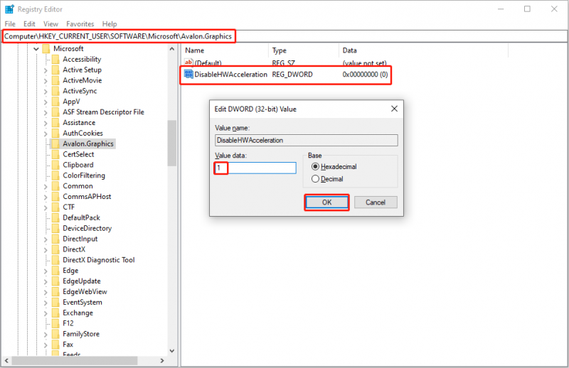   deshabilite la aceleración de hardware a través del Editor del Registro de Windows