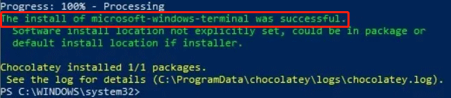   A instalação do Windows Terminal foi bem-sucedida