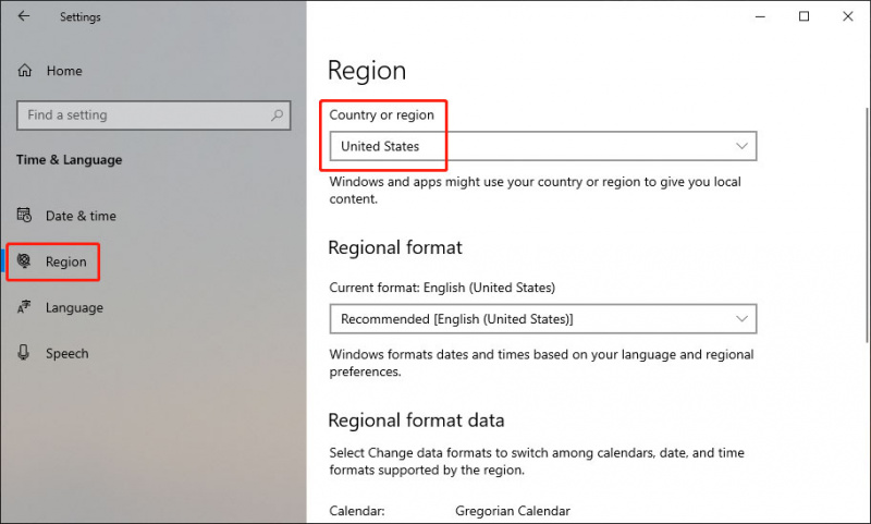   mude para Estados Unidos para país ou região no Windows 10
