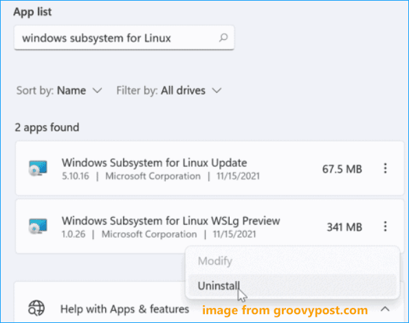   деинсталирајте компоненте Виндовс подсистема за Линук
