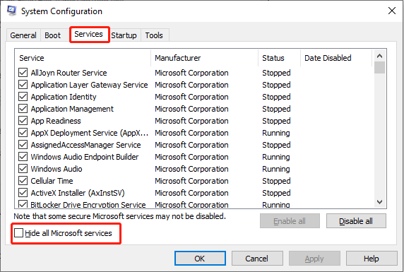   ative Ocultar todos os serviços Microsoft