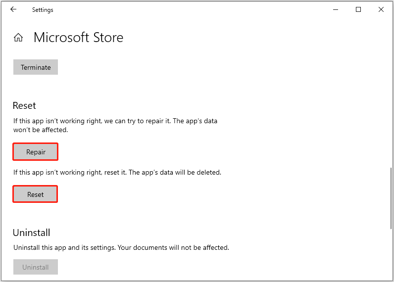   Microsoft Store reparieren oder zurücksetzen