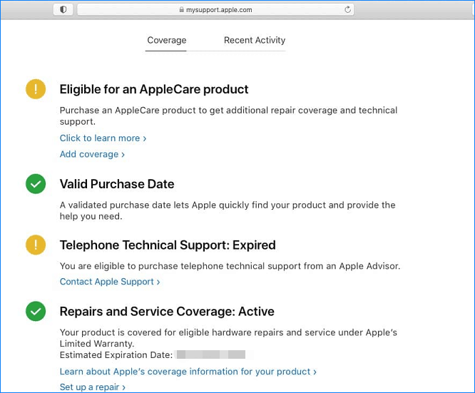   Verificação de garantia do Mac via Apple ID