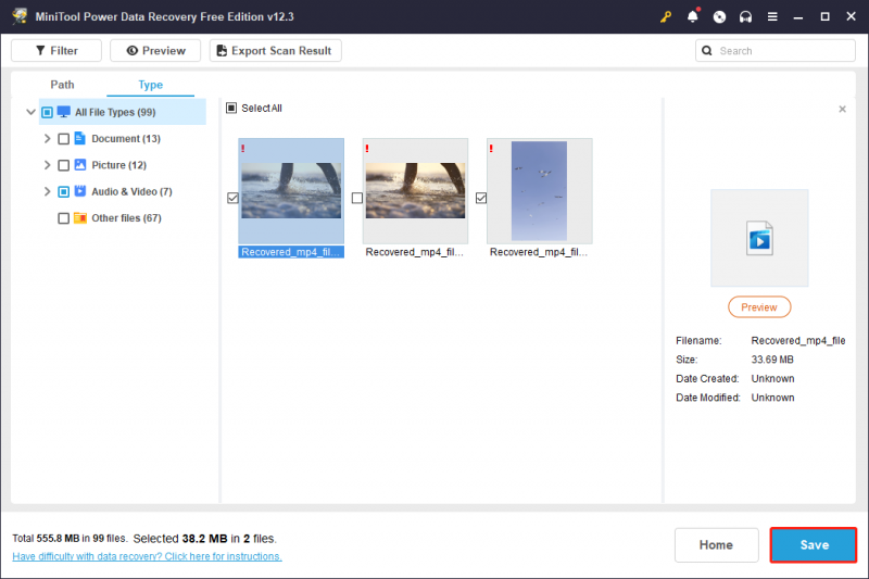   periksa video yang diinginkan dan klik Simpan untuk memulihkannya melalui MiniTool Power Data Recovery