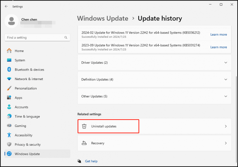   desinstalar a atualização recente do Windows nas configurações do Windows 11