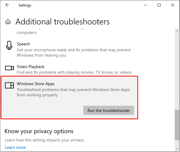   piliin ang Windows Store Apps at piliin ang Patakbuhin ang troubleshooter