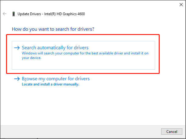   selecione Pesquisar drivers automaticamente para atualizar seu driver gráfico sem entrada manual