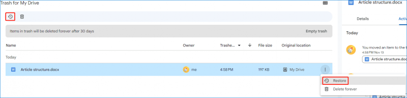   khôi phục Google Doc đã xóa khỏi thùng rác