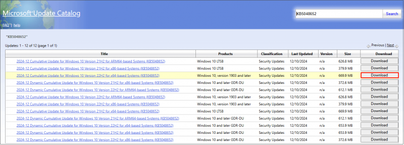   muat turun pakej KB5048652 daripada Katalog Kemas Kini Microsoft