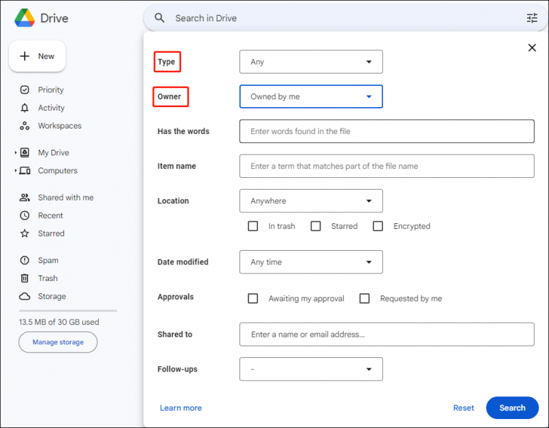   définir les conditions de recherche